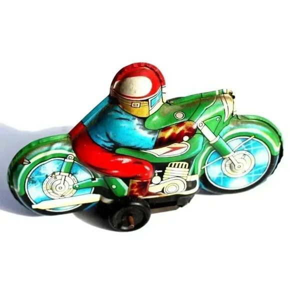 Vintage Green Motorcycle Friction Tin Toy - Made In Japan - Picture 1 of 5